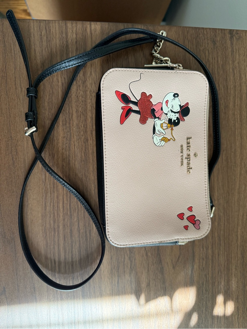 kate spade pink Minnie Mouse leather crossbody with black strap